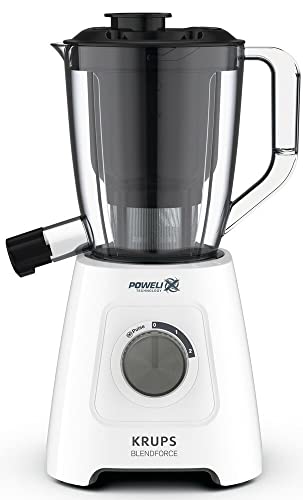 Krups KB42Q1 Blendforce 2in1 Standmixer | 600 Watt | 6 Messer Powelix-Technologie | 2 Geschwindigkeiten+Pulse | Ice Crush-Funktion | inklusive: Mixbehälter, Entsafterbehälter, Saftbehälter | Weiß/Grau im Sale